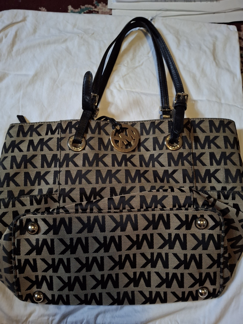 Michael Kors MK Logo Jacquard Tote Bag Black Tan Gold Medallion